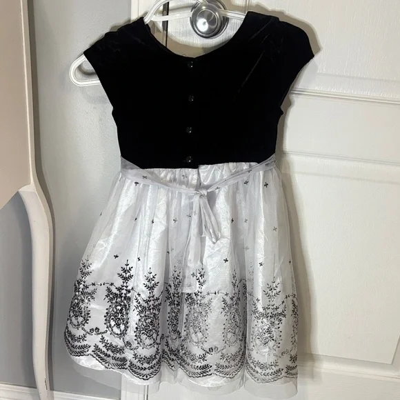 Jona Michelle Black Velvet and White Lace Dress with Red Flower - Picture 5 of 6